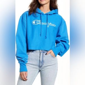 Champion Reverse Weave Chenille Logo Crop Hoodie blue size Small